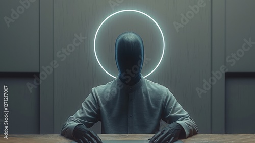 Mysterious figure with a glowing halo seated at a table in a dimly lit room, evoking intrigue