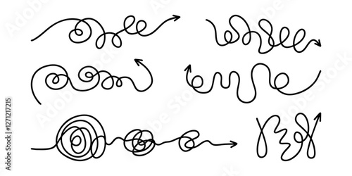 Scribble lines with arrow - continuous flowing thread that twists and turns. Isolated tangled lines with arrows. Set tangled arrows, hand drawn doodle arrows set.