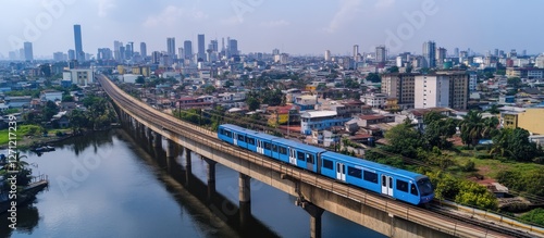 Modern Transportation Blue Train on Bridge Over Water with Cityscape