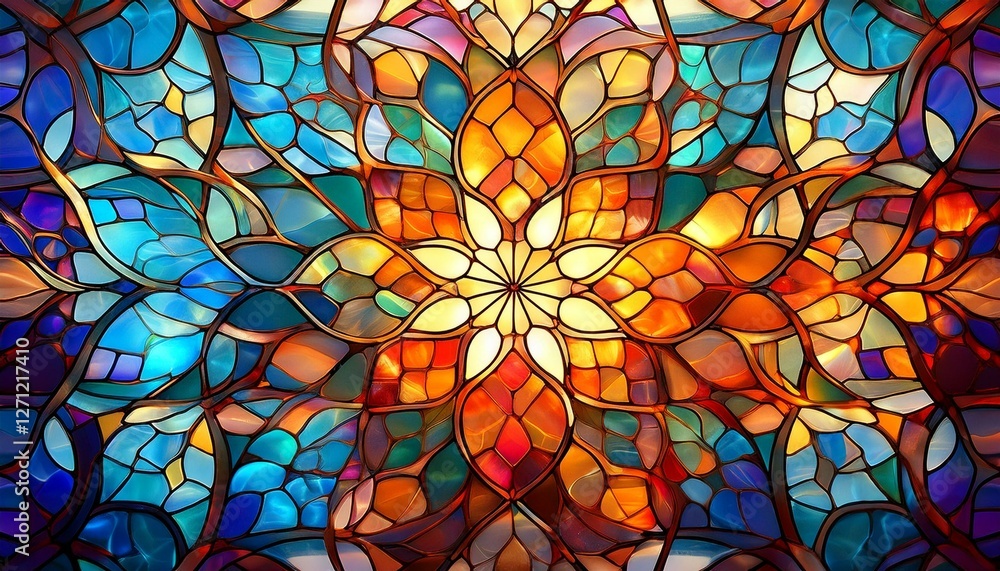A detailed pattern of colorful glass mosaic tiles, arranged in an intricate design A detailed pattern of colorful glass mosaic tiles, arranged in an intricate design