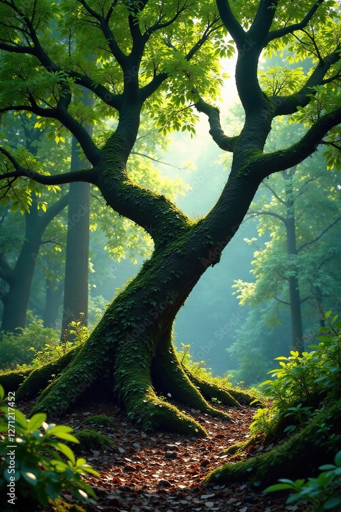 branches of a twisted tree stretch out over the forest floor, terrain, untamed branches of a twisted tree stretch out over the forest floor, terrain, untamed