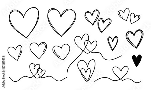 Doodle simple different hearts set, romantic love linear elements for Valentine's Day projects. Handdrawn vector black hearts on white background. For cute prints, social media, and romantic designs.