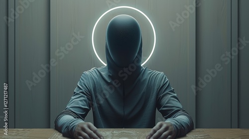 Mysterious figure with a halo in a dimly lit room, contemplating an ancient map on a table