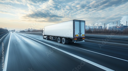 A Speeding Refrigerated Truck on an Expressway with Industrial Background