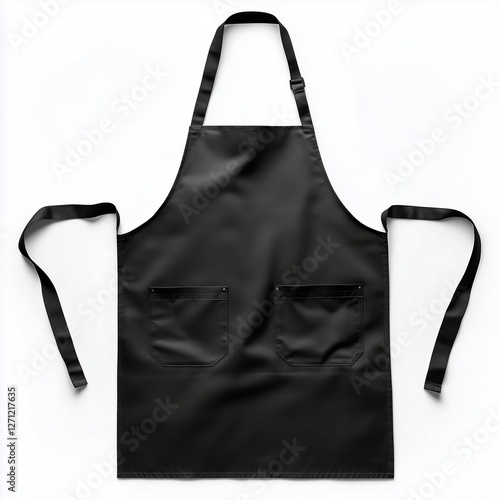 A realistic black apron with two front pockets, adjustable neck strap, and detailed fabric texture, isolated on a white background.