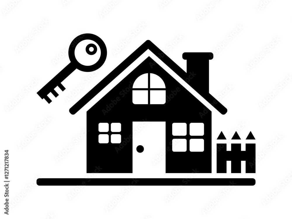 Vector black house silhouette, isolated on white background. Black house icon, sign or symbol, for representing real estate or property concepts. Geometric house logo with key and fence, for rent. Vector black house silhouette, isolated on white background. Black house icon, sign or symbol, for representing real estate or property concepts. Geometric house logo with key and fence, for rent.