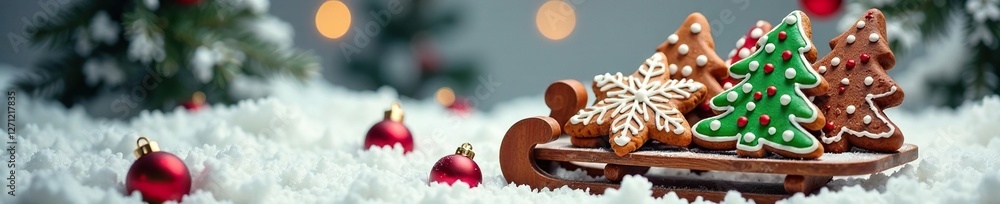 Snowy scene of decorated tree-shaped gingerbread cookies on a wooden sled, sweet baked treats, snowy scene Snowy scene of decorated tree-shaped gingerbread cookies on a wooden sled, sweet baked treats, snowy scene