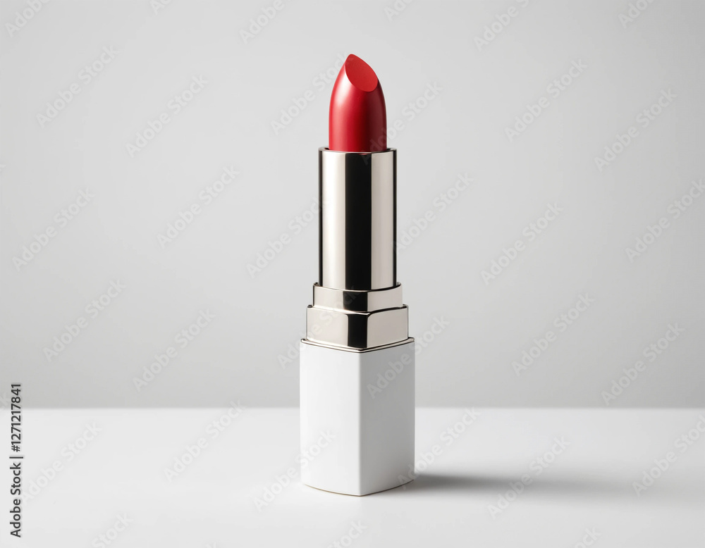 Red Lipstick on White Background, Luxury Red Lipstick with Silver Cap Red Lipstick on White Background, Luxury Red Lipstick with Silver Cap