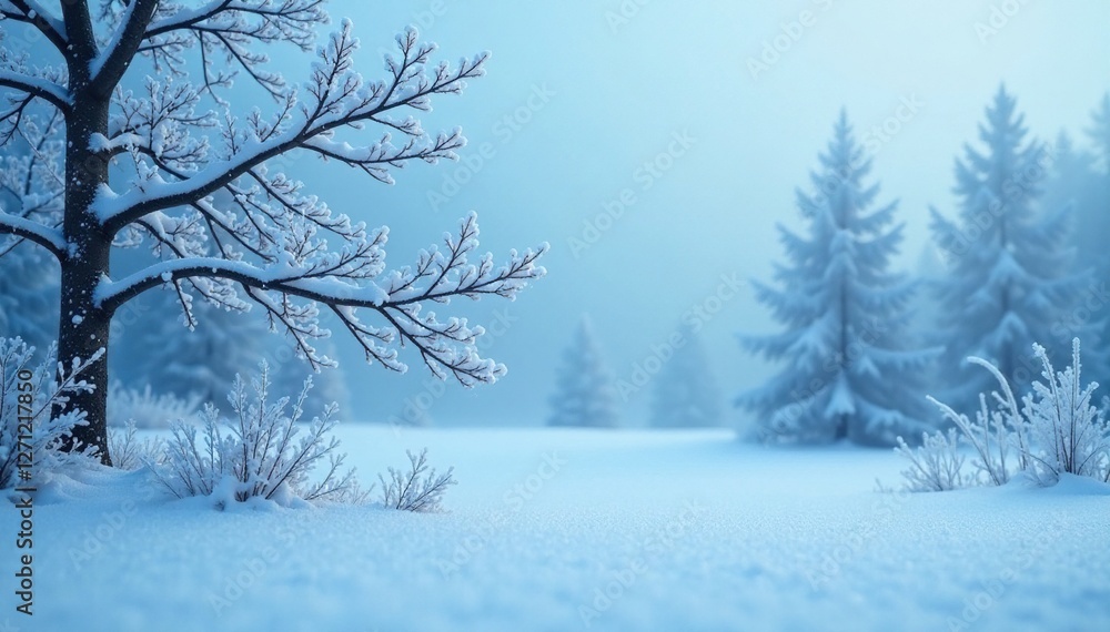 Snowy branch against a misty blue background with a frozen forest landscape of bare trees and branches, snow covered land, winter landscape, cold weather Snowy branch against a misty blue background with a frozen forest landscape of bare trees and branches, snow covered land, winter landscape, cold weather