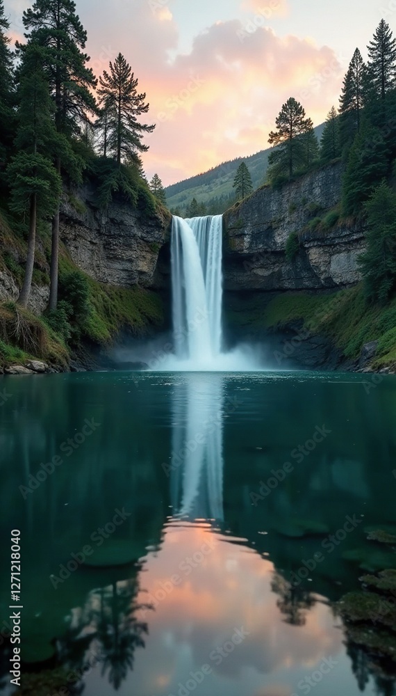 Fototapeta premium Waterfall reflections on a serene lake at dawn, nature, peaceful