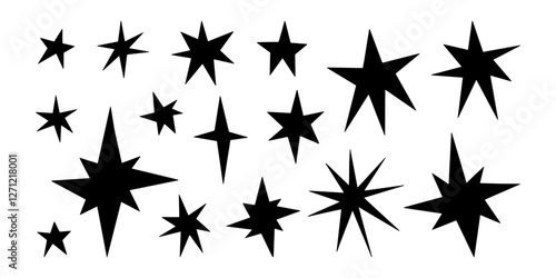 Handdrawn irregular stars set. Perfect for logos, prints, stickers, social media, and creative designs. Vector unique, artistic, and versatile sharp stars and sparkles, isolated on white background.