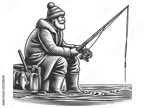 Bearded Fisherman Ice Fishing in Winter vector