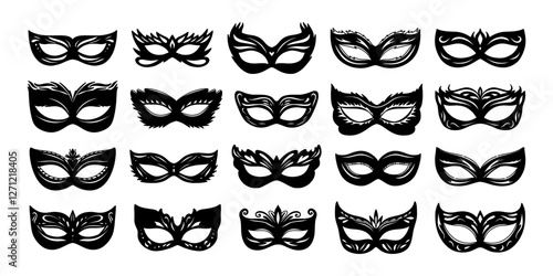 Set of carnival masks silhouettes. Simple black icons of masquerade masks, for party, parade and carnival, for Mardi Gras and Halloween. Mask elements can be used as isolated sign, symbol or icon.