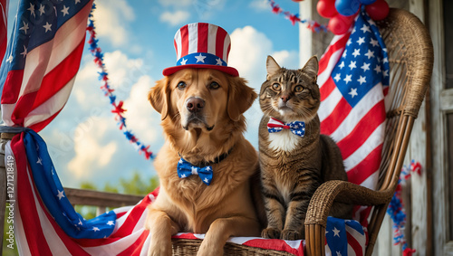 A cheerful dog and cat donning colorful patriotic hats, celebrating together in a display of unity and national pride