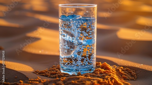 Refreshing glass of sparkling water on sandy desert dunes during golden hour with soft light