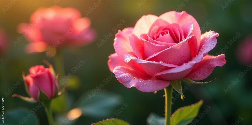 Softly falls morning dew on delicate rose petals, morning light, soft glow Softly falls morning dew on delicate rose petals, morning light, soft glow