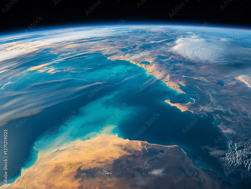 A breathtaking view of Earth from space, showcasing a vibrant coastline where land meets sea. A breathtaking view of Earth from space, showcasing a vibrant coastline where land meets sea.
