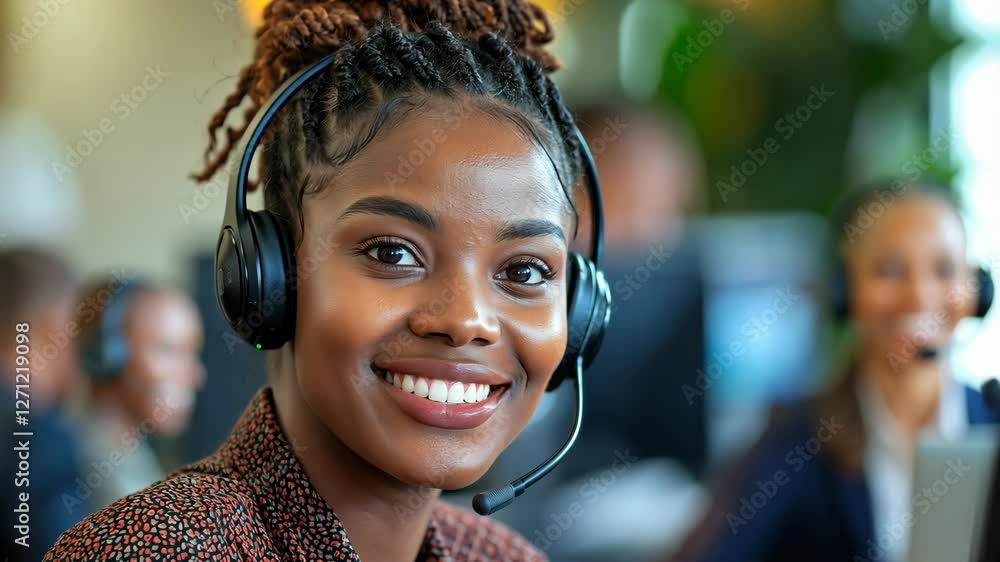 Woman with a headset on her head is smiling. She is wearing a headset and has a happy expression on her face Woman with a headset on her head is smiling. She is wearing a headset and has a happy expression on her face