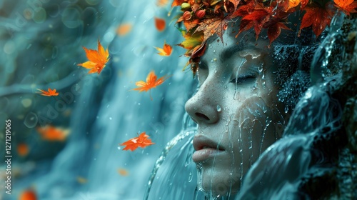 Serene woman with a crown of autumn leaves, surrounded by a waterfall and falling leaves