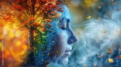 Serene portrait of a woman with a vibrant autumn tree merging into her profile, surrounded by swirling leaves