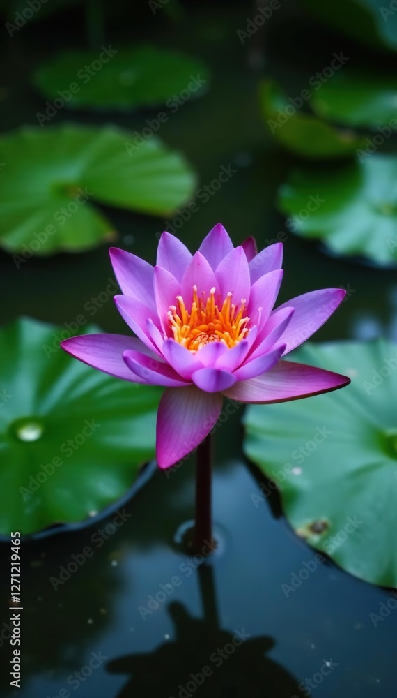 Water lily pad with purple lotus flower blooming in murky swamp water, bloom, vegetation, lotus Water lily pad with purple lotus flower blooming in murky swamp water, bloom, vegetation, lotus