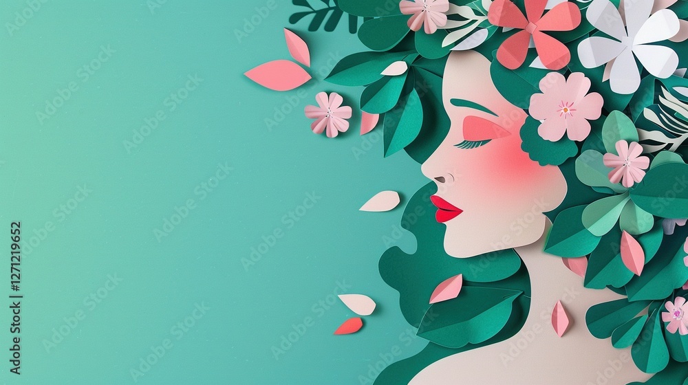 Beautiful woman's portrait in paper art style with floral elements, turquoise background, and paper cut technique. Vector illustration featuring a side view, Beautiful woman's portrait in paper art style with floral elements, turquoise background, and paper cut technique. Vector illustration featuring a side view,