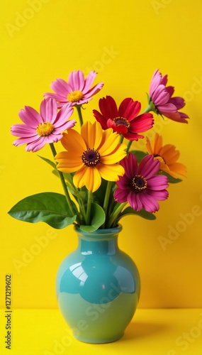 Colorful flowers in a vase on yellow background, yellow, nature, garden