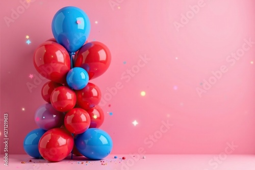 Balloon column on pink background with red and blue balloons surrounding it with glitter effects, colorful, decoration