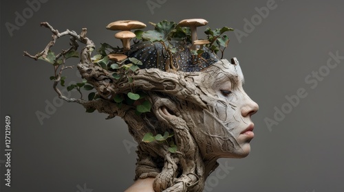 Surreal portrait of a woman with a tree-like head adorned with mushrooms and greenery, showcasing nature's beauty