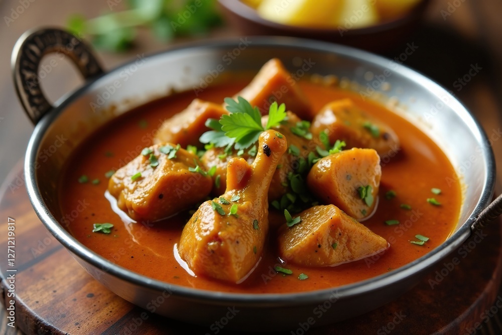Mutton curry served with boiled potatoes in small bowl, accompaniment, lamb, stainless steel Mutton curry served with boiled potatoes in small bowl, accompaniment, lamb, stainless steel