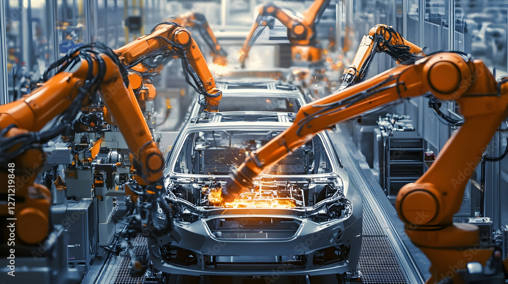 Advanced robotic assembly line in automotive factory showcasing car manufacturing process Advanced robotic assembly line in automotive factory showcasing car manufacturing process