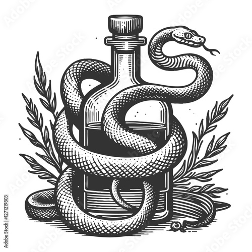 Snake Coiled Around Bottle vector illustration