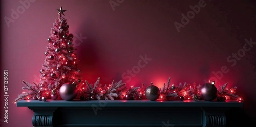 Pink and black Christmas decorations on a mantle shelf, cozy atmosphere, shelf, black