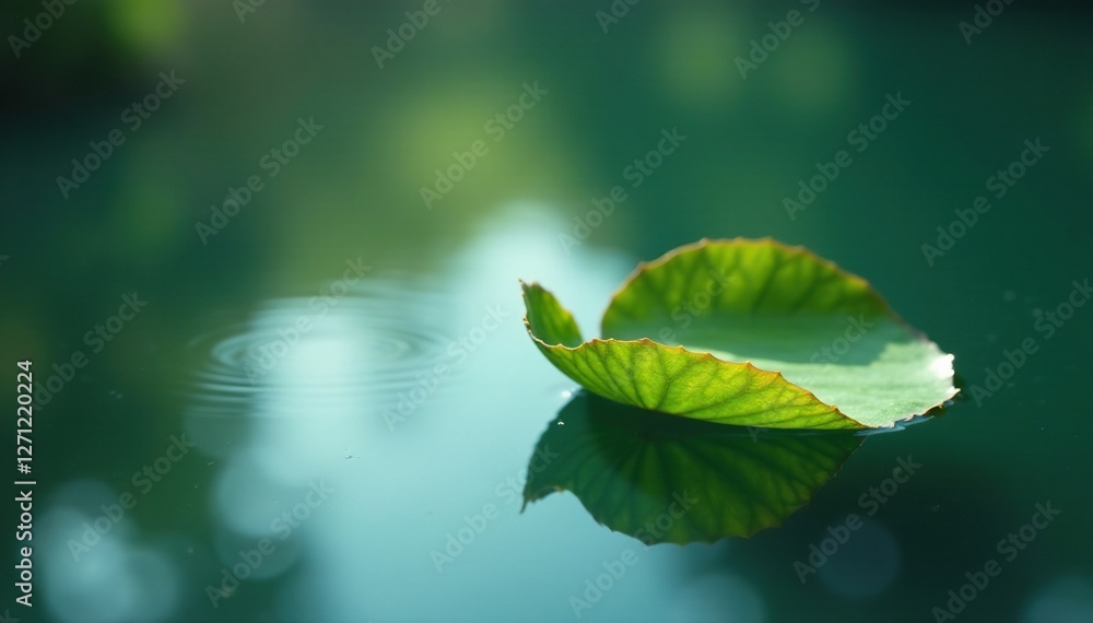 A solitary tea leaf floats on a tranquil lake, peaceful, reflection