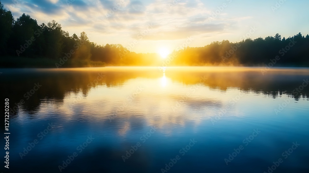 Tranquil sunrise over a serene lake with gentle mist and colorful sky reflections : Generative AI Tranquil sunrise over a serene lake with gentle mist and colorful sky reflections : Generative AI