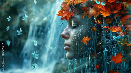 Serene woman with flower crown amidst a waterfall, surrounded by autumn leaves and butterflies
