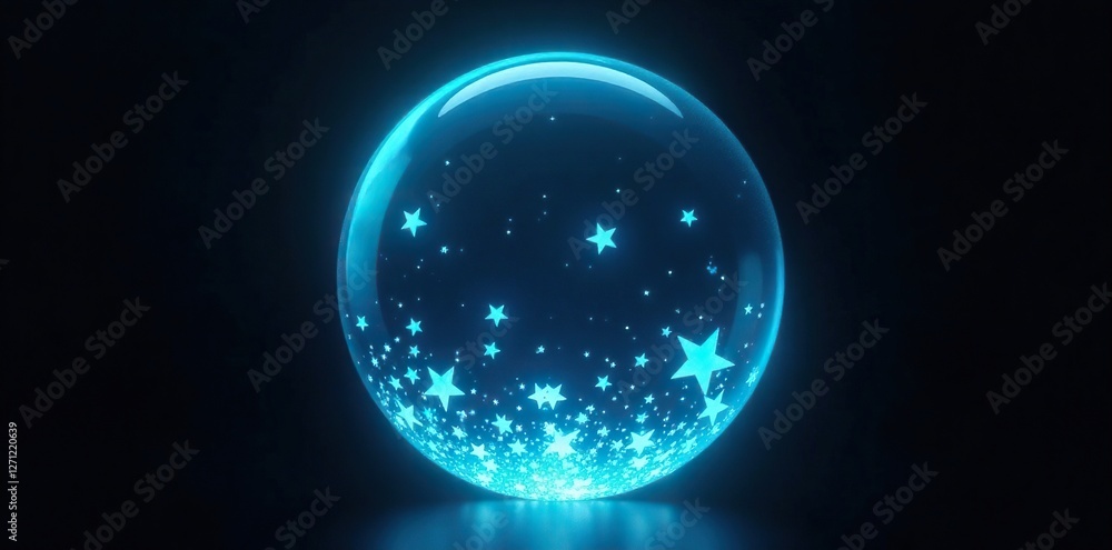 Obraz premium Random Size White Stars Inside a Glow Aqua Blue Circle Bubble on Black Background, illuminated, glow aqua blue, luminous