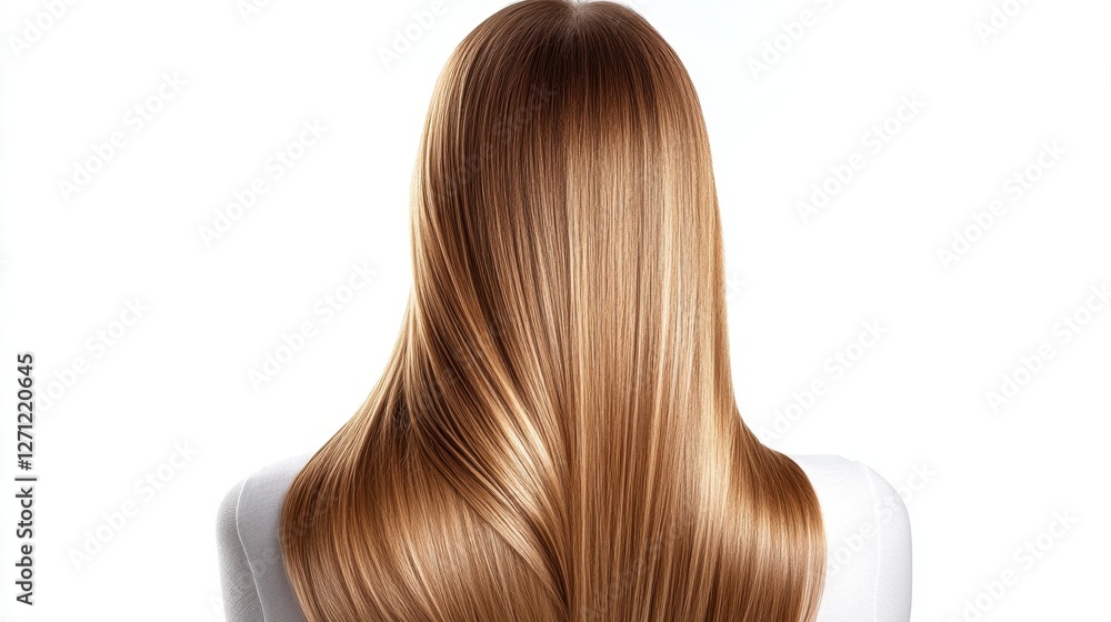 Naklejka premium Beautiful model girl with blond hair strand,silky healthy chestnut wavy hair strand,hair wavy ribbon, with smooth,Keratin straightening,Treatment,straight long hair,procedures,Smooth hairstyle.
