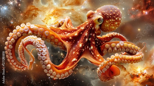 Vibrant octopus gracefully swimming in a cosmic underwater scene with colorful nebulae in the background