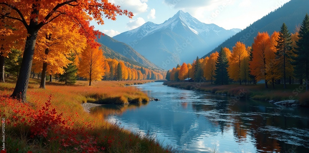 Obraz premium Autumn trees and bushes near the Sylva River in front of Mount Podkamennaya, foliage, scenery