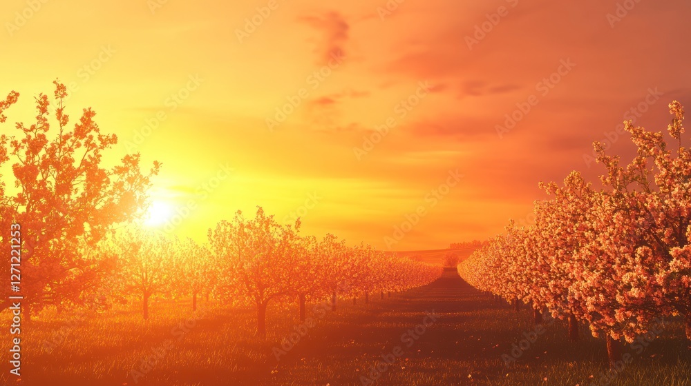 Golden Orchard, Blossoms bathed in radiant sunset glow with warmth Golden Orchard, Blossoms bathed in radiant sunset glow with warmth