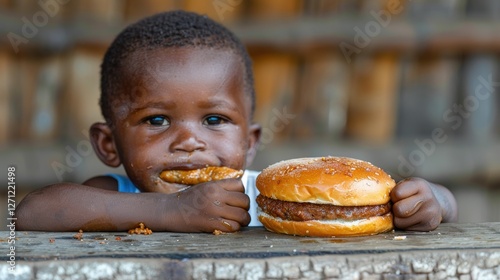 Young child enjoying a burger while seated at a rustic wooden table in a warm, outdoor setting