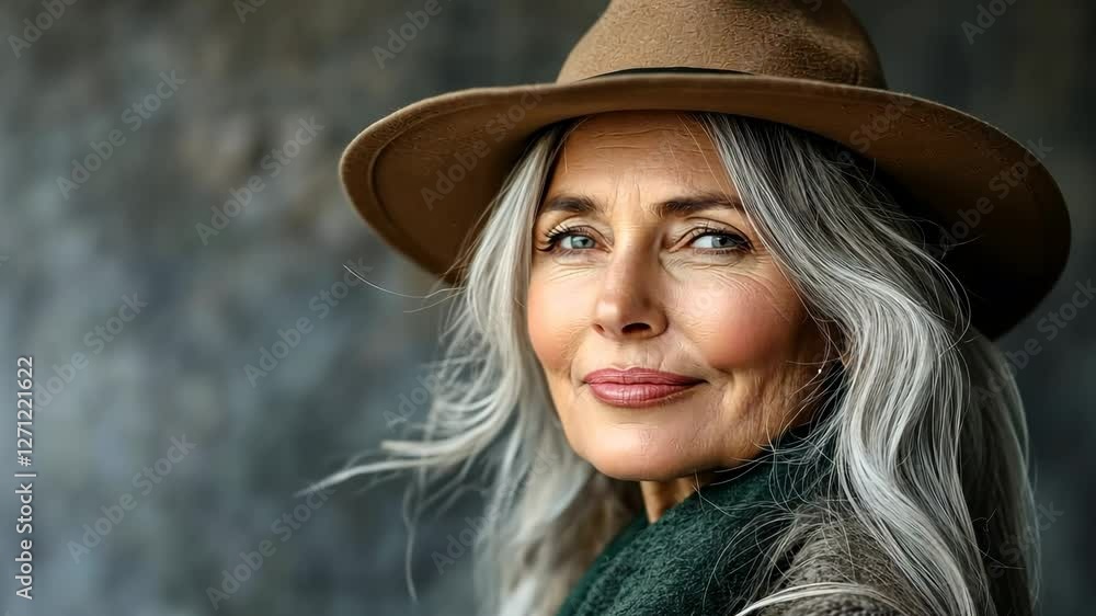 Woman with a brown hat and gray hair is smiling. She is wearing a green scarf and a gray jacket Woman with a brown hat and gray hair is smiling. She is wearing a green scarf and a gray jacket
