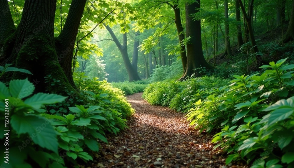 Dense foliage surrounds the winding dirt track, undergrowth, earthy scent Dense foliage surrounds the winding dirt track, undergrowth, earthy scent