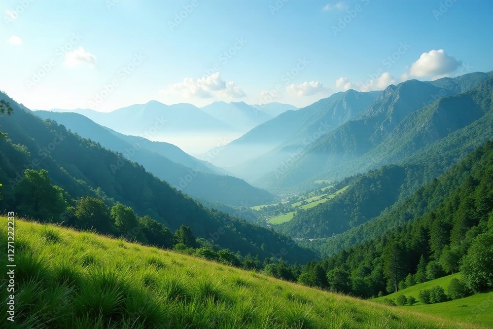 Azure sky meets green mountain terrain as misty morning veils the landscape, aurelia, azure, morning Azure sky meets green mountain terrain as misty morning veils the landscape, aurelia, azure, morning