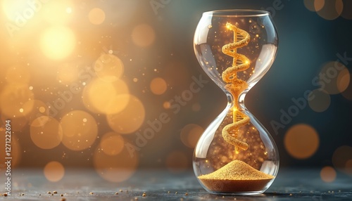 Hourglass intertwined with DNA helix on digital bokeh background symbolizes time and genetics relationship. Modern concept of life continuum and aging processes. Genetic research and pharma industry.