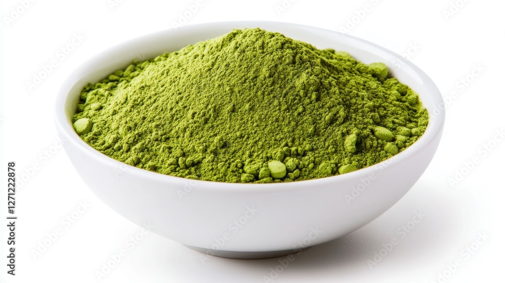 Premium Matcha Powder: Vibrant Green Tea in White Bowl, Ready for Culinary or Tea Ceremony Use Premium Matcha Powder: Vibrant Green Tea in White Bowl, Ready for Culinary or Tea Ceremony Use