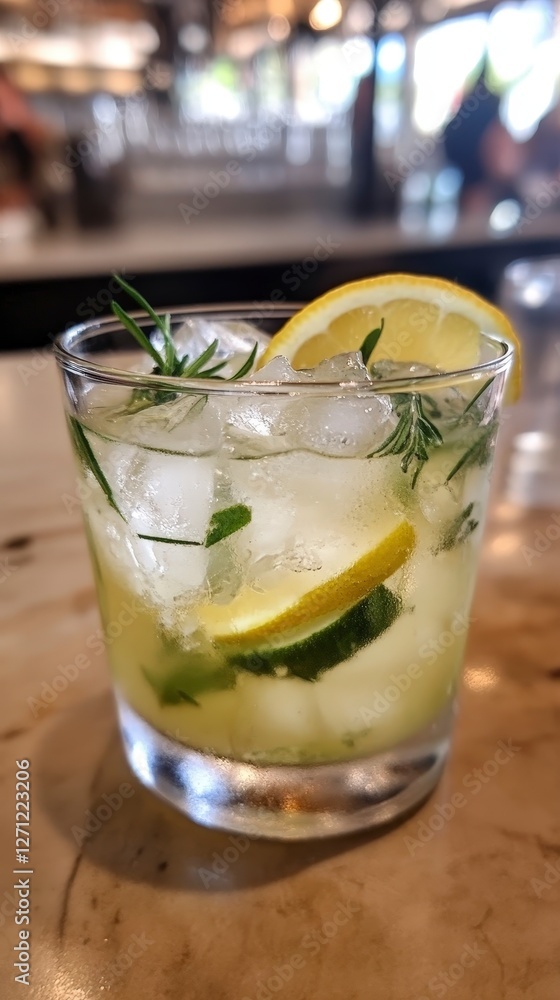 Refreshing Lemon and Herb Cocktail in Glass with Ice Cubes Refreshing Lemon and Herb Cocktail in Glass with Ice Cubes