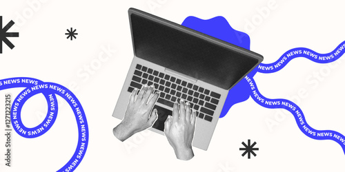halftone collage, Stay updated with the latest news! A dynamic digital illustration of hands typing on a laptop, journalism, blogging, and online media. News, Blogging, Digital Media, and SEO