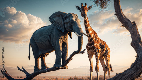 An elephant and a giraffe stand on a large, gnarled tree branch against a dramatic sunrise sky.